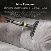 Dapper Supply carpet and upholstery extractor mite remover cleaning a fabric sofa.