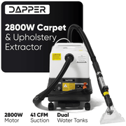 Dapper Supply carpet and upholstery extractor showing 2800W motor and 41 CFM suction.