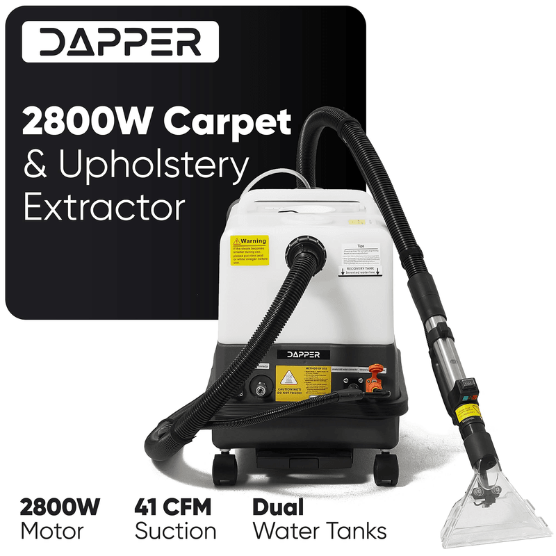 Dapper Supply carpet and upholstery extractor showing 2800W motor and 41 CFM suction.