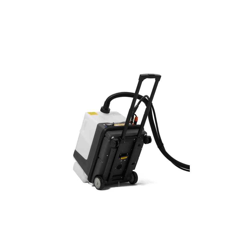 Dapper Supply carpet and upholstery extractor rear view with telescoping pull handle.