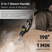 Dapper Supply carpet and upholstery extractor 3-in-1 steam handle reaching 198F.