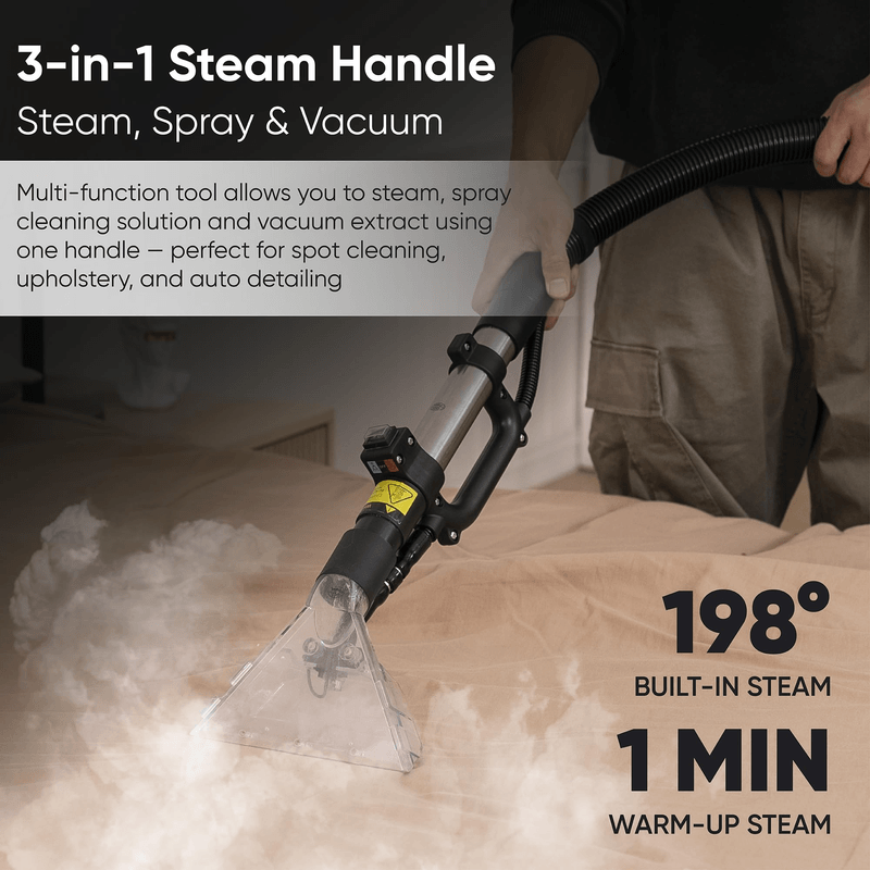 Dapper Supply carpet and upholstery extractor 3-in-1 steam handle reaching 198F.