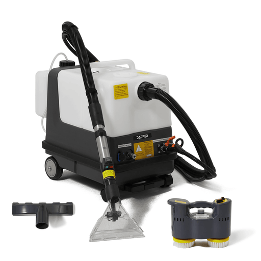 Dapper Supply carpet and upholstery extractor with extraction tools and dual brush head.