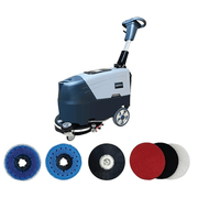 Dapper Supply battery walk-behind floor scrubber with full brush, pad driver, and pad accessory set.