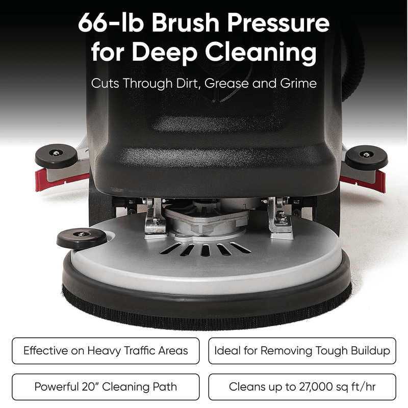 Dapper Supply walk-behind floor scrubber infographic on 66 lb brush pressure and coverage.