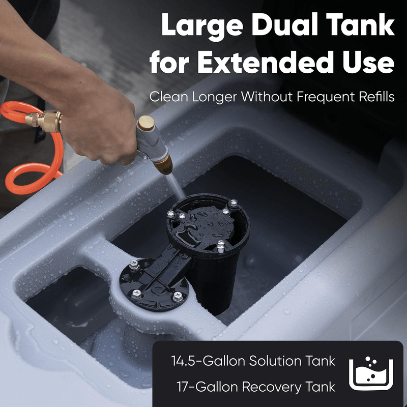 Dapper Supply walk-behind floor scrubber infographic on the 14.5 and 17 gallon dual tanks.