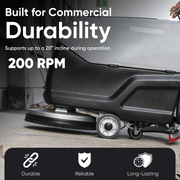 Dapper Supply walk-behind floor scrubber built for durability with 200 RPM brush and 20 degree gradeability.