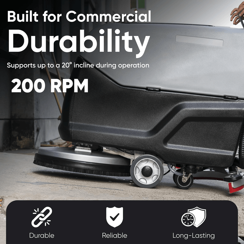 Dapper Supply walk-behind floor scrubber built for durability with 200 RPM brush and 20 degree gradeability.
