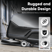 Dapper Supply walk-behind floor scrubber infographic on rugged durable design.