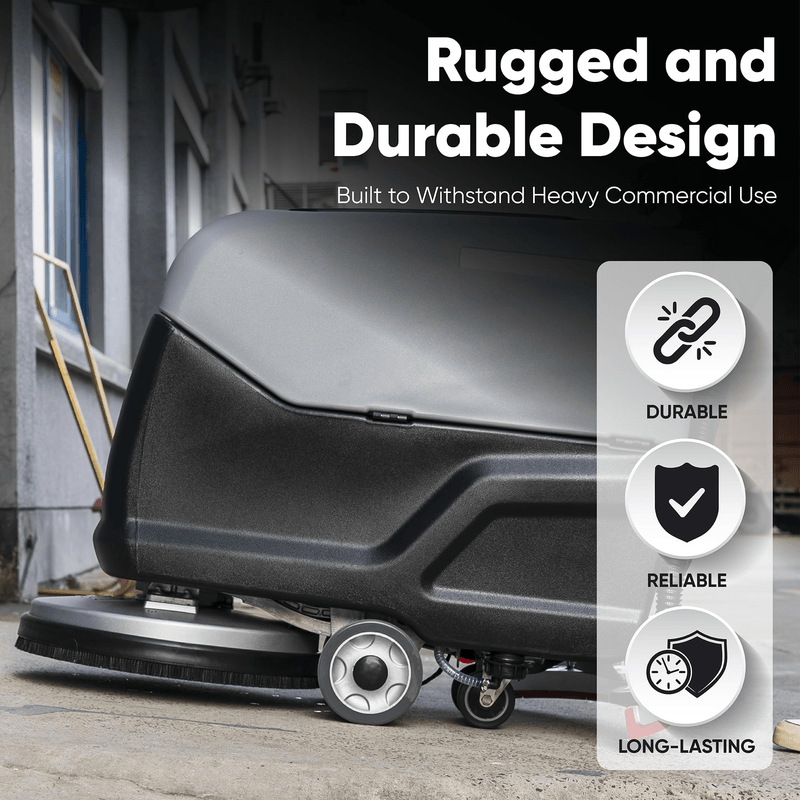Dapper Supply walk-behind floor scrubber infographic on rugged durable design.