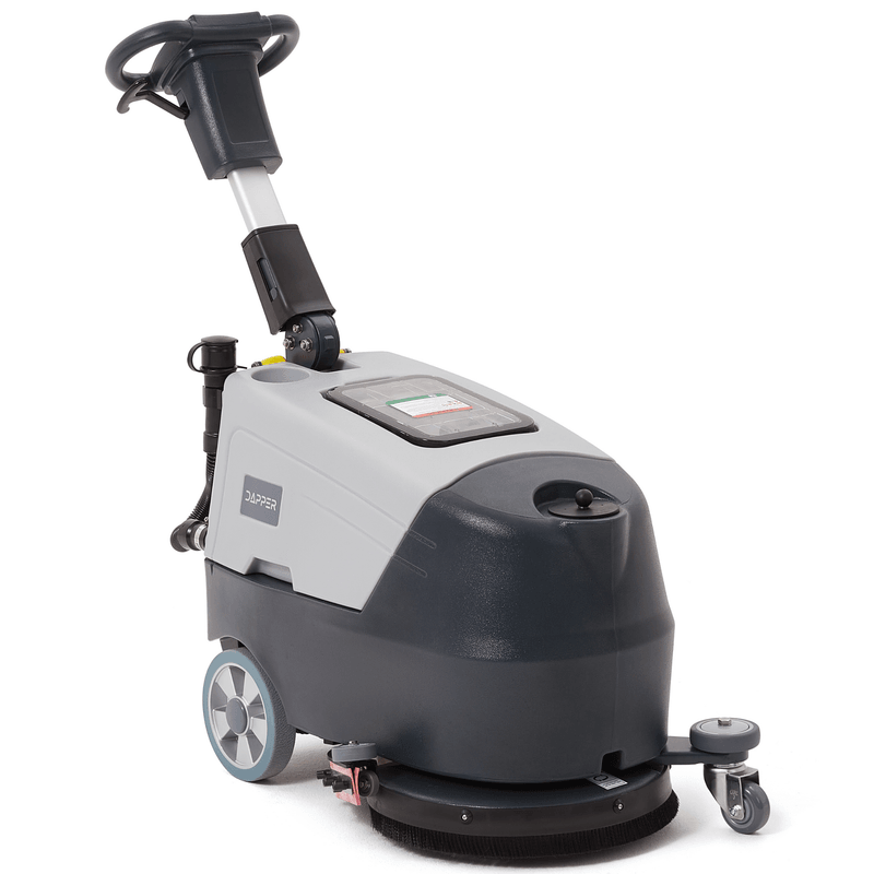 Dapper Supply battery walk-behind floor scrubber front angle view.