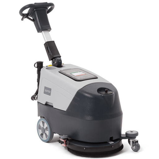 Dapper Supply battery walk-behind floor scrubber front angle view.