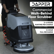 Dapper Supply walk-behind floor scrubber infographic on battery runtime and recharge.