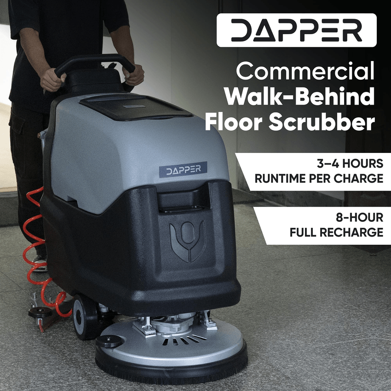 Dapper Supply walk-behind floor scrubber infographic on battery runtime and recharge.