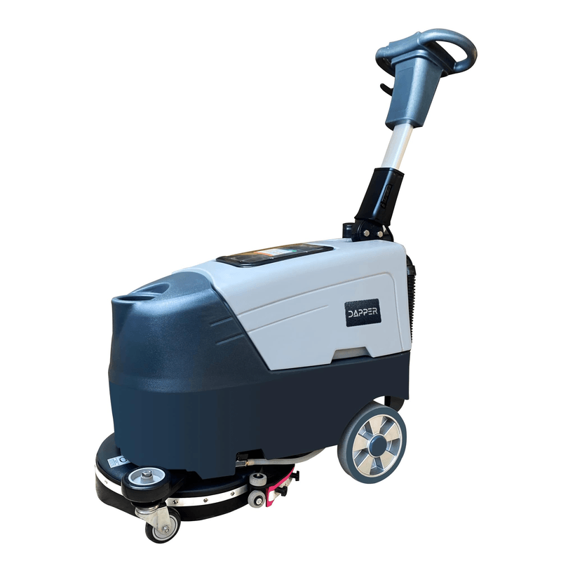 Dapper Supply battery walk-behind floor scrubber side view with scrub deck and squeegee.
