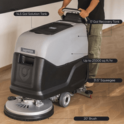 Dapper Supply walk-behind floor scrubber callouts showing 14.5 and 17 gallon tanks, 20 inch brush, and 31.5 inch squeegee.