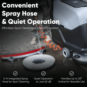 Dapper Supply walk-behind floor scrubber infographic on spray hose and quiet operation.
