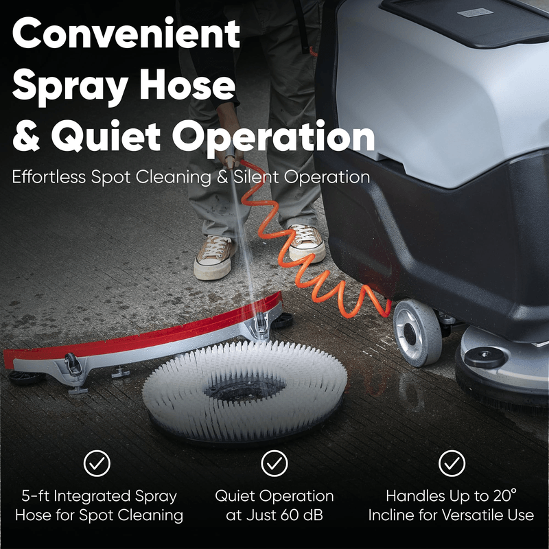 Dapper Supply walk-behind floor scrubber infographic on spray hose and quiet operation.