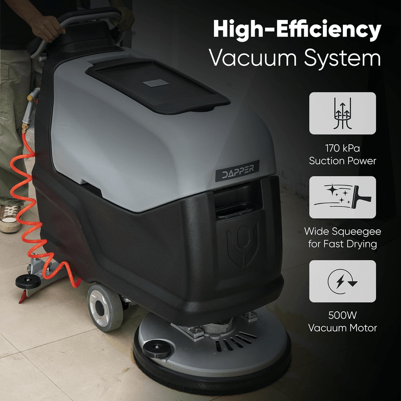 Dapper Supply walk-behind floor scrubber high-efficiency vacuum system with 170 kPa suction and 500W motor.