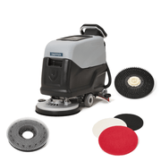 Dapper Supply walk-behind floor scrubber shown with included brushes and scouring pads.