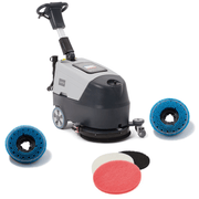 Dapper Supply battery walk-behind floor scrubber shown with brushes and three scouring pads.