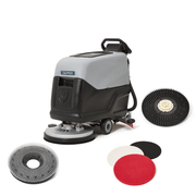 Dapper Supply walk-behind floor scrubber with included brushes and scouring pads.