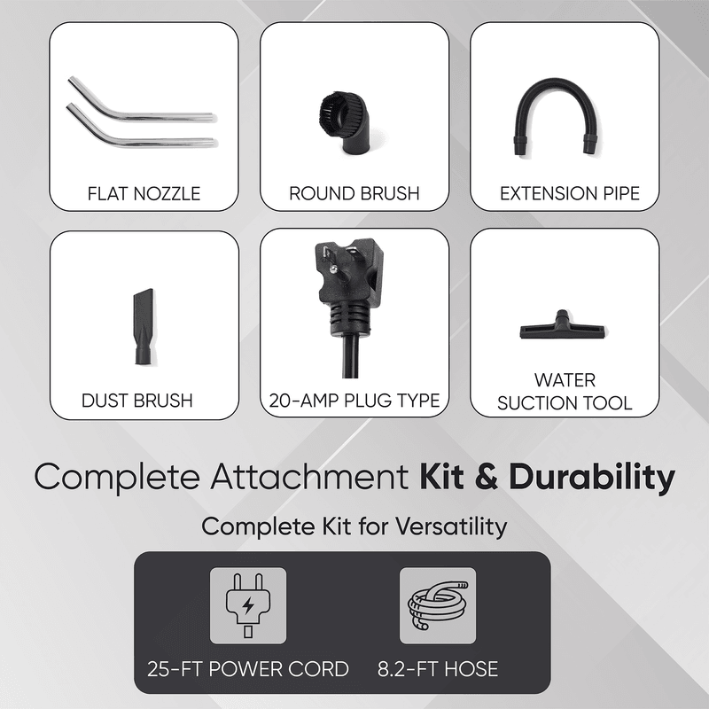 Dapper Supply 26.5-gallon wet/dry vacuum complete attachment kit and accessories.