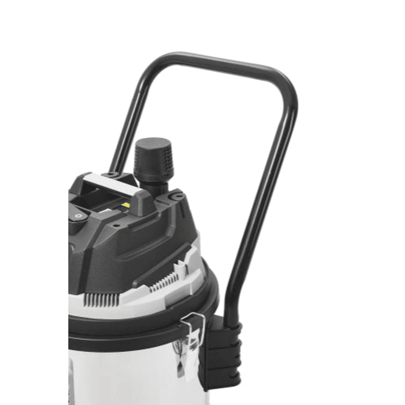 Dapper Supply wet dry vacuum top carry handle and motor head closeup.
