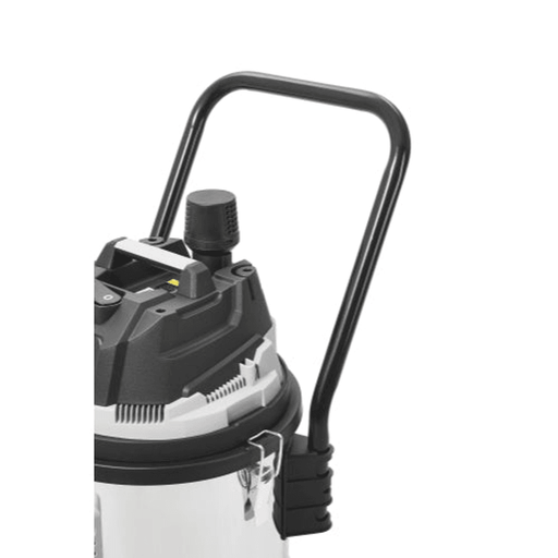Dapper Supply wet dry vacuum top carry handle and motor head closeup.