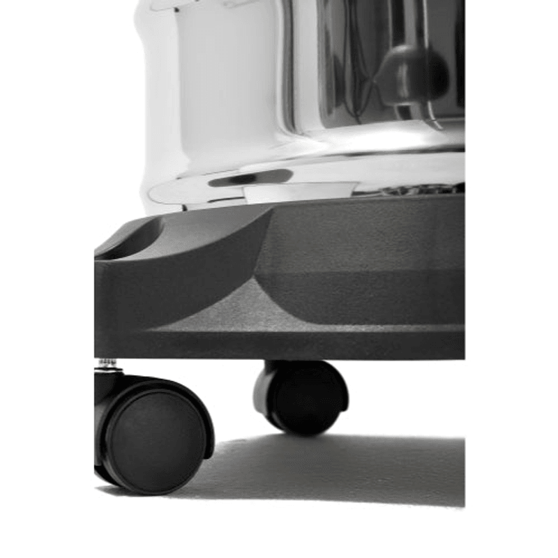 Dapper Supply wet/dry vacuum caster wheel base close up for easy mobility.