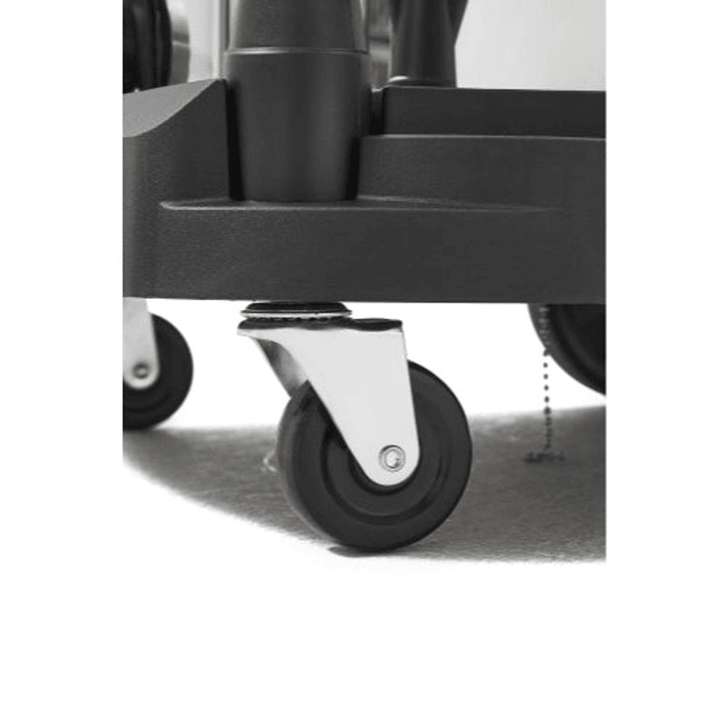 Dapper Supply wet/dry vacuum caster wheels closeup.