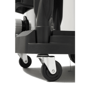 Dapper Supply wet/dry vacuum closeup of the swivel caster wheels and base.