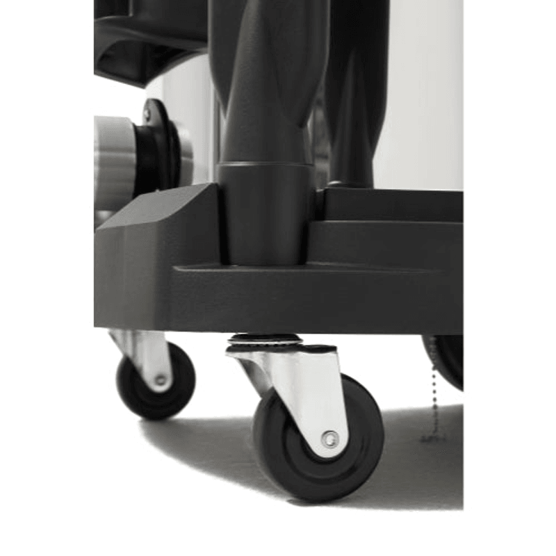 Dapper Supply wet/dry vacuum closeup of the swivel caster wheels and base.