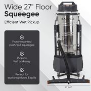 Dapper Supply 26.5-gallon wet/dry vacuum wide 27-inch floor squeegee details.
