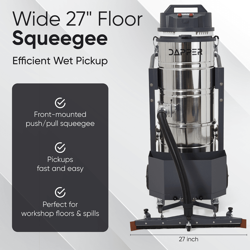 Dapper Supply 26.5-gallon wet/dry vacuum wide 27-inch floor squeegee details.