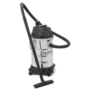 Dapper Supply 10-gallon stainless steel wet/dry vacuum shown front angle with hose, wand, and floor tool.