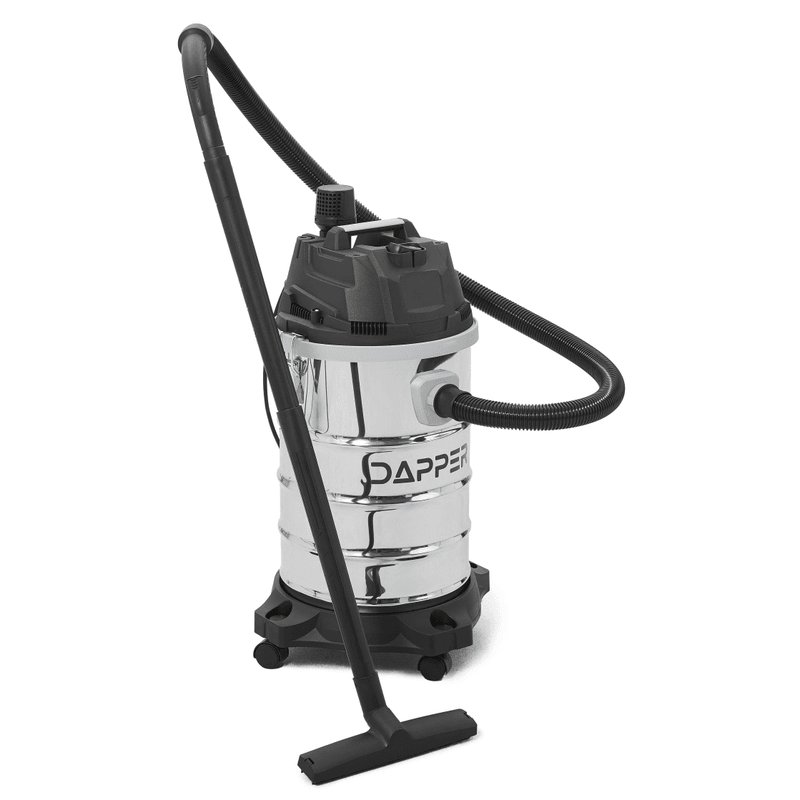 Dapper Supply 10-gallon stainless steel wet/dry vacuum shown front angle with hose, wand, and floor tool.