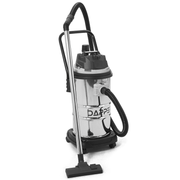 Dapper Supply 16-gallon wet dry vacuum front angle view with hose and floor wand.