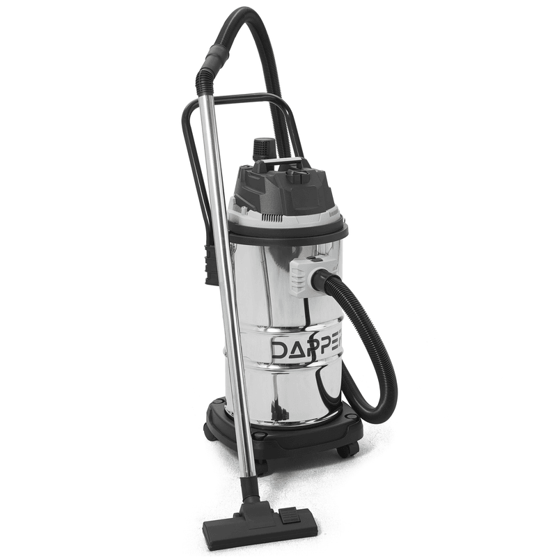 Dapper Supply 16-gallon wet dry vacuum front angle view with hose and floor wand.