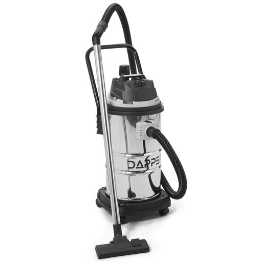 Dapper Supply 16-gallon wet dry vacuum front angle view with hose and floor wand.