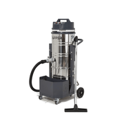 Dapper Supply 26.5-gallon industrial wet/dry vacuum front angle with hose and floor tool.