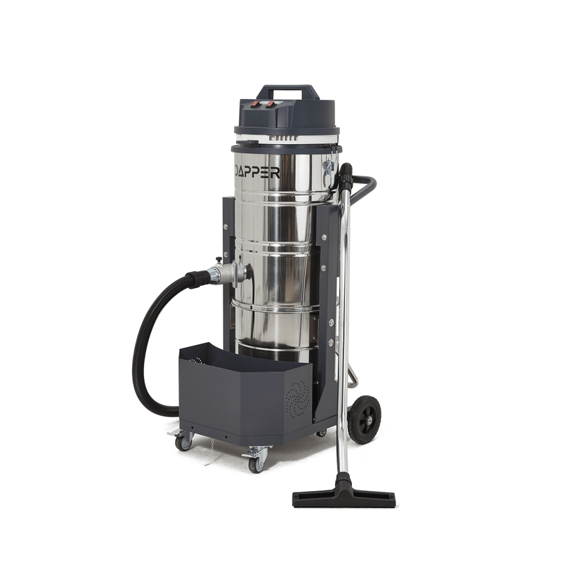 Dapper Supply 26.5-gallon industrial wet/dry vacuum front angle with hose and floor tool.