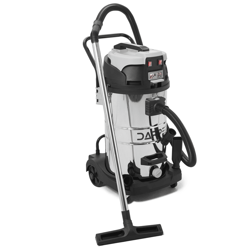 Dapper Supply 21-gallon wet/dry vacuum front view with stainless steel tank and floor wand.