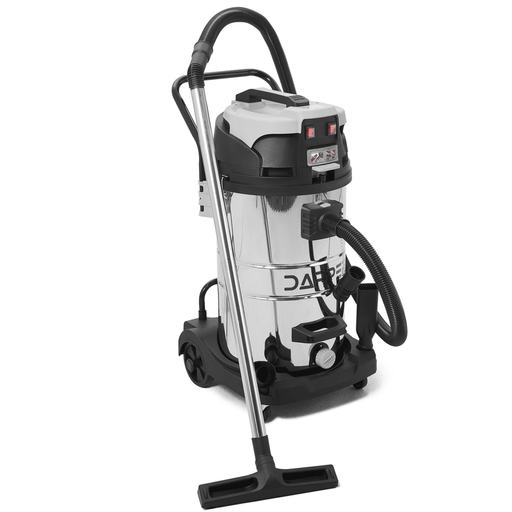Dapper Supply 21-gallon wet/dry vacuum front view with stainless steel tank and floor wand.