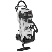 Dapper Supply 26.5 gallon wet/dry vacuum front view with floor brush and wand.