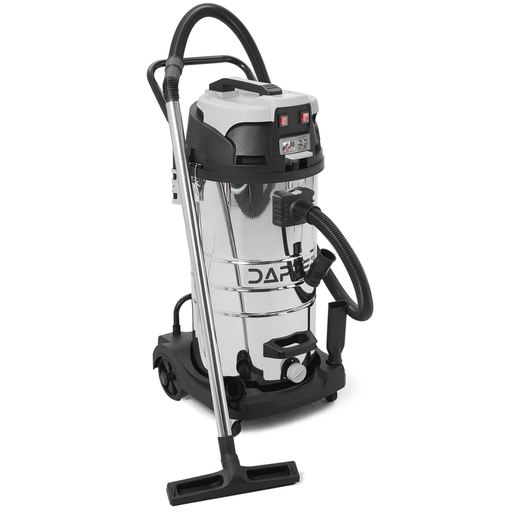 Dapper Supply 26.5 gallon wet/dry vacuum front view with floor brush and wand.
