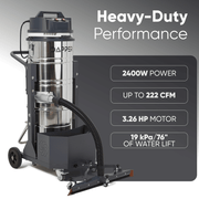 Dapper Supply 26.5-gallon wet/dry vacuum heavy-duty performance specs including power and airflow.