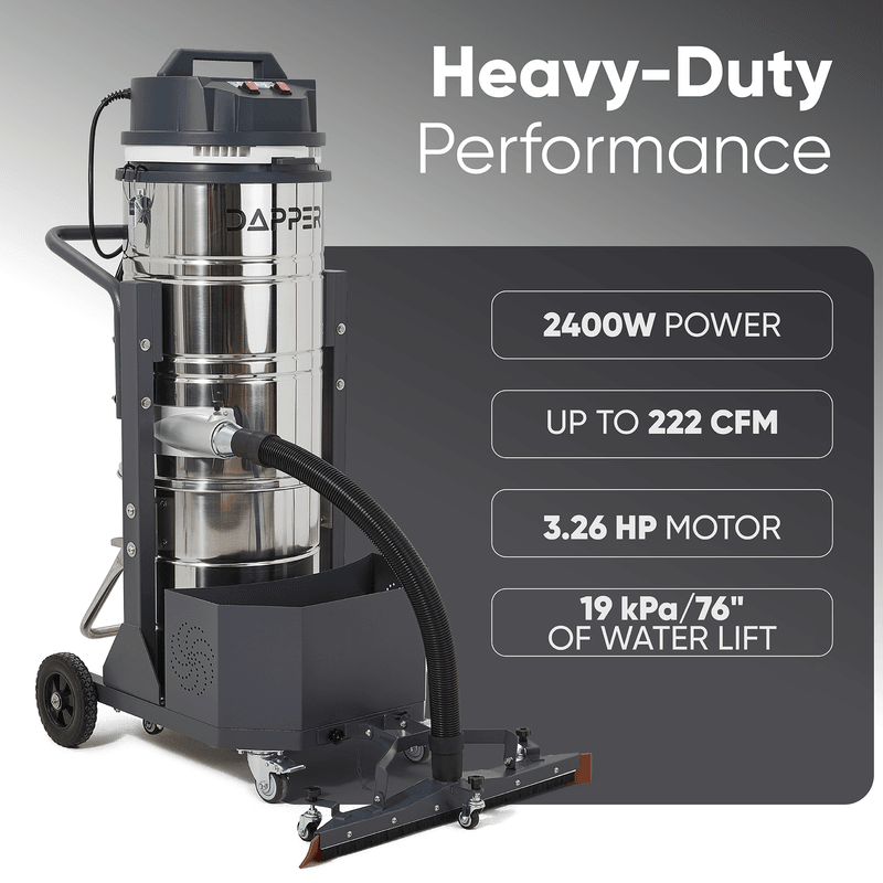 Dapper Supply 26.5-gallon wet/dry vacuum heavy-duty performance specs including power and airflow.