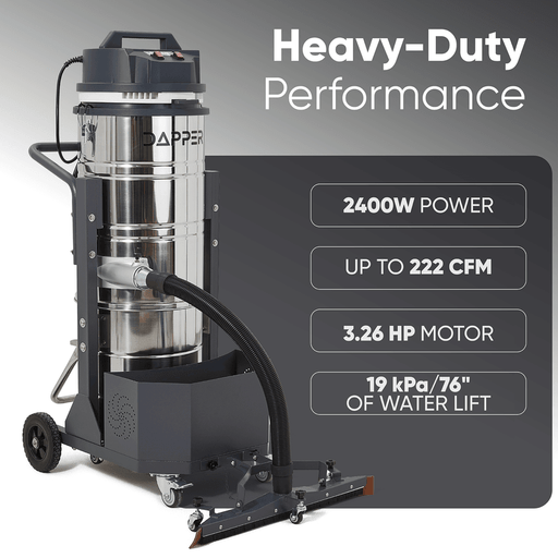 Dapper Supply 26.5-gallon wet/dry vacuum heavy-duty performance specs including power and airflow.
