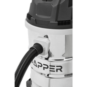 Dapper Supply wet/dry vacuum hose inlet port close up with hose attached.